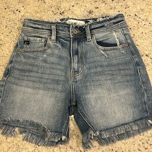 KanCan high rise frayed jeans shorts size medium with distressed waist/short hem